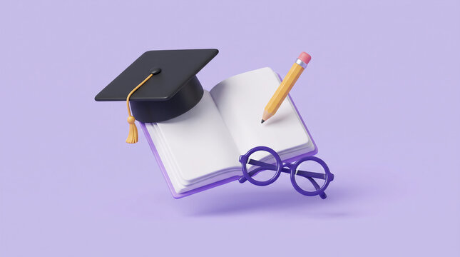 3D illustration of education and literacy concept featuring black graduation cap with tassel, open notebook, yellow pencil with eraser, and purple reading glasses on lavender background.
