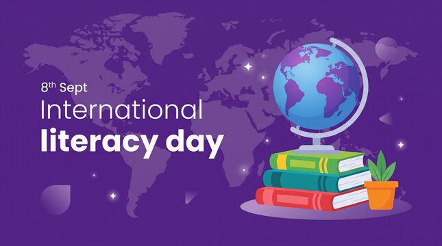 International Literacy Day Banner with Globe and Books on Purple Background