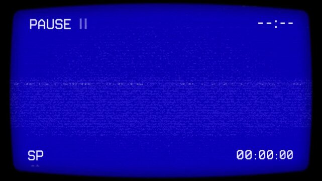VHS Pause Screen Animation with Blue CRT Display and Analog Noise