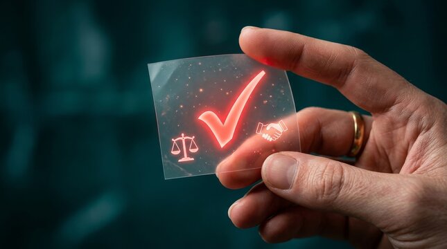 Close-up of hand holding transparent card with holographic checkmark for technology and digital verification