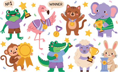 Obraz premium Cute cartoon animals winner sticker set featuring happy frog, flamingo, cat, elephant, monkey, alligator, sheep, and rabbit with trophies and medals, vector illustration