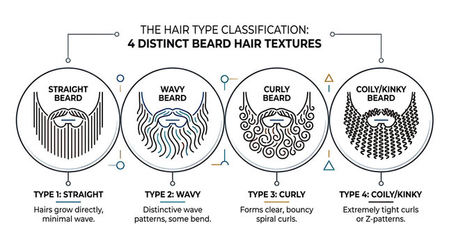 Educational infographic chart showing four distinct types of beard hair textures