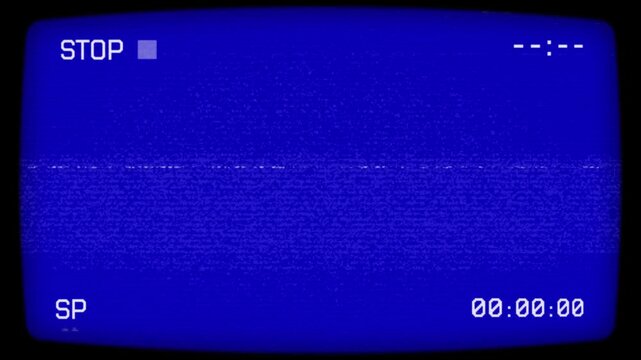 VHS Stop Screen Animation with Blue CRT Display and Analog Noise