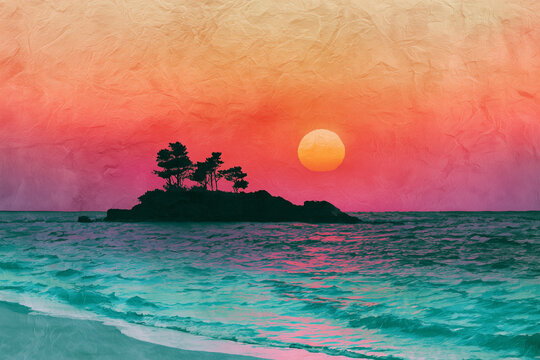 Beautiful traditional art style landscape of a small pine tree island at sunset ocean, Generative AI