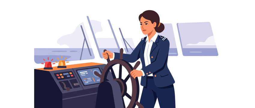 Female captain steering ship on bridge, navigation console and screens in background