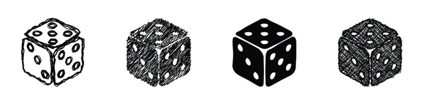 Collection of four dice icons in different artistic styles, from sketch to solid black