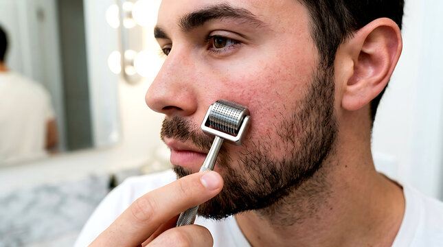 Young man using a derma roller on his cheek for beard and skin care at home