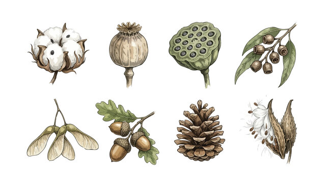 Vintage botanical seed pods collection, hand drawn autumn forest nuts and dried plants, 8 vector illustrations of cotton, poppy, and pine cone