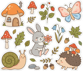 Obraz premium Cute cottagecore forest animal sticker set featuring a cartoon bunny, hedgehog, snail, butterfly, mushroom house, and woodland botanical elements, vector illustration