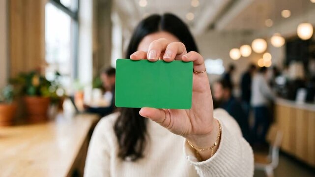 A person holds up a green card, offering a space for custom text or branding in a busy coffee shop environment