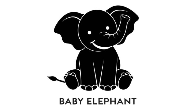 Very beautiful black and white vector illustration of a cute baby elephant featuring a bold label reading "BABY ELEPHANT", sitting front view, happy smiling face, large ears, raised trunk, clean carto