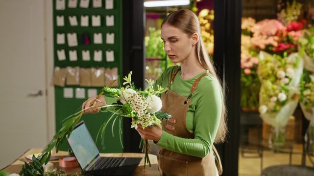 Young adult Caucasian woman florist arranging fresh flower bouquet in shop while using laptop. Clip is ideal for small business marketing, e-commerce flower delivery and entrepreneurship promos
