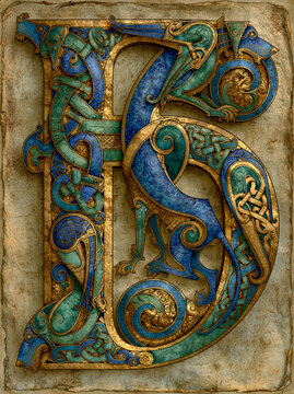Traditional Celtic illuminated manuscript zoomorphic initial letter