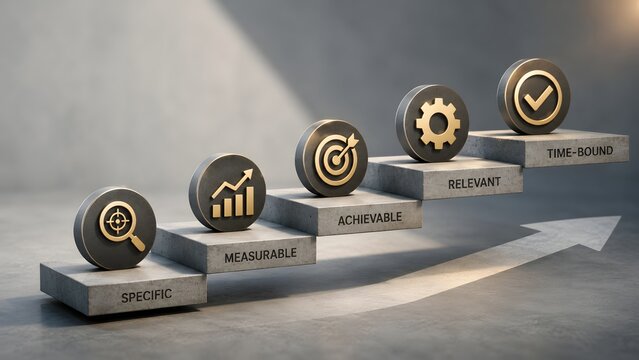 SMART goals business framework concept featuring concrete steps with golden icons representing specific measurable achievable relevant and time bound objectives