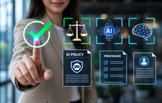 Businessman Confirming AI Governance Checklist, ISO IEC 42001 Artificial Intelligence Management System for Corporate Compliance and Risk Management