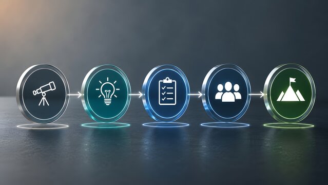 Transparent strategic vision concept featuring glowing glass circles with business workflow icons from planning to success