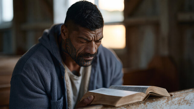 Maori man in his thirties sits alone in empty church at dusk, head bowed over open Bible, ta moko facial tattoo visible, expression caught between inherited faith and personal