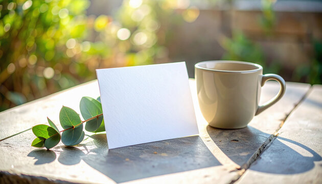 This peaceful morning mockup features a blank greeting card, cozy coffee mug, and fresh eucalyptus on a sunny rustic outdoor table. No people around, evoking serene and calm feelings.