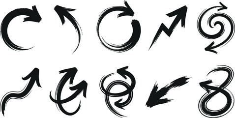 Fototapeta premium Assorted hand drawn grunge arrow and spiral collection with handdrawn direction collection scribble illustration creative