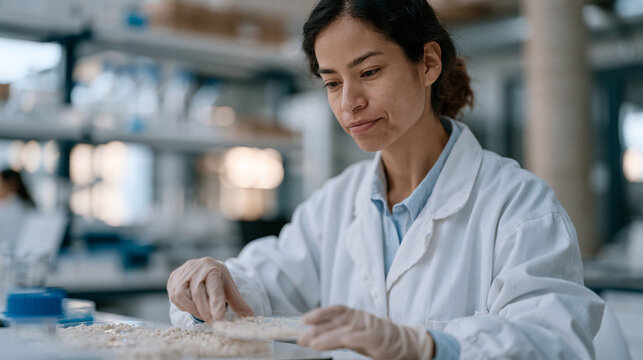 Peruvian microbiologist in a modern gut health laboratory carefully transferring bacterial colonies between culture plates, microbiome engineering, probiotic therapy development,