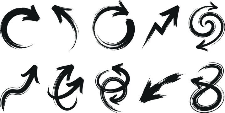 Assorted hand drawn grunge arrow and spiral collection with handdrawn direction collection scribble illustration creative