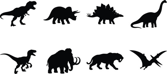 Prehistoric Animal Silhouette Collection Featuring Dinosaurs Mammoth Saber Tooth Tiger and Pterosaur Set © MstRezina