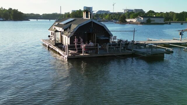 Cinematic View of Soutustadion Sauna and Waterfront, Helsinki, Finland