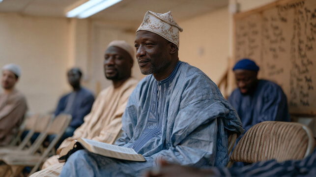 Nigerian Pentecostal men in a weekday recovery circle sit on folding chairs in church basement, sponsor holding Scripture open beside a testimony board covered in handwritten