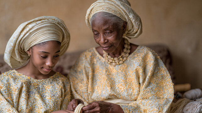 Nigerian grandmother teaches teenage granddaughter to tie ceremonial gele for upcoming church harvest festival, modest Lagos sitting room, sewing tools spread on sofa, oral