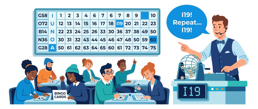 Bingo Game Night: Caller Announces Number to Engaged Players with Bingo Cards and Lottery Machine