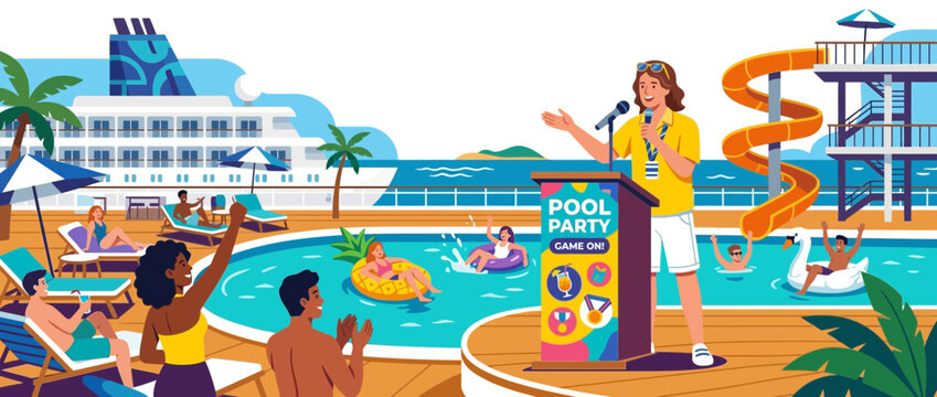Cruise Ship Pool Party Celebration with Entertainment and Activities