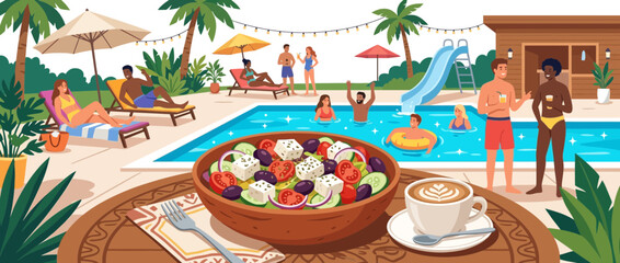 Fototapeta premium Summer Pool Party with Greek Salad and Coffee, People Relaxing and Swimming