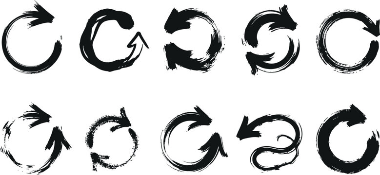 Set of hand drawn circular arrow symbols for refresh and reload with circular sketches elements artistic rotation pointing isolated