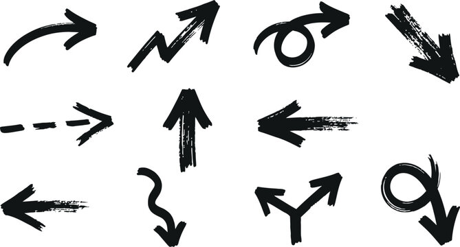 Black ink brush style directional arrows for design elements with directional elements collection pointing direction scribble isolated