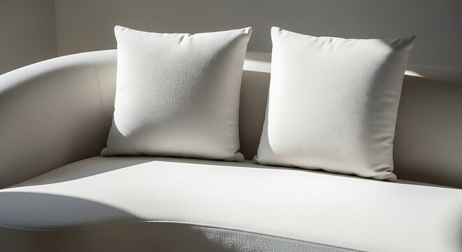 Two soft white pillows on a comfortable modern curved sofa in a bright living room