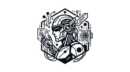 Fototapeta premium Cybernetic Humanoid Interacting with Digital Interface, Futuristic Technology Concept