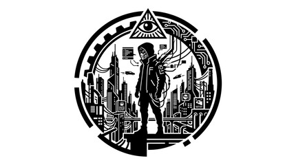 Obraz premium Cyberpunk Hacker Standing on Futuristic Cityscape with All-Seeing Eye