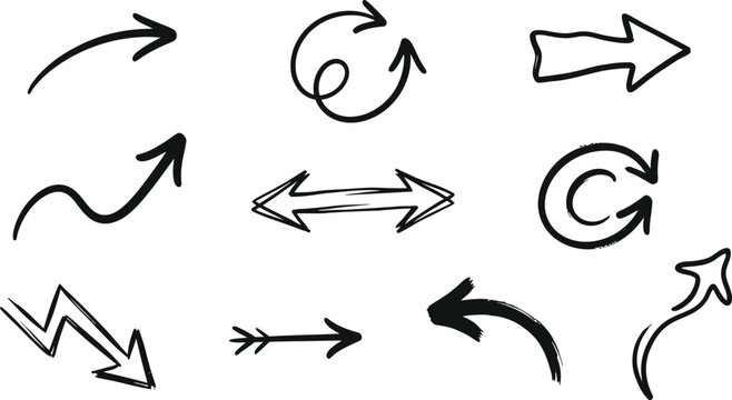 Assorted hand drawn black brush arrows and cursors set with collection pointing direction scribble isolated