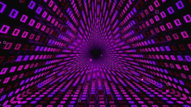 seamless loop of a futuristic geometric tunnel. Abstract digital vortex made of squaring lattice segments, aligned grid cells and complex data structures, creating deep astrophysics science background