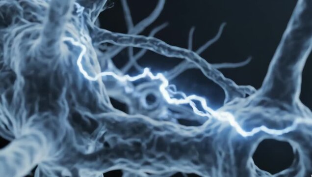 Neural activity inside a dehydrated brain, weakened electrical signals flickering slowly through transparent synapses