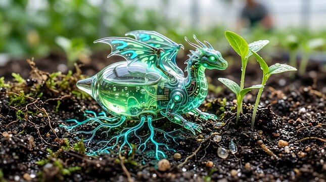 Small Glass Dragon Ornament Resting Near Green Sprout in Garden Soil