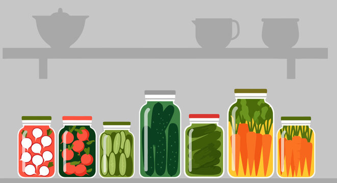Homemade pickled vegetables in glass jars on a shelf, ready for consumption.