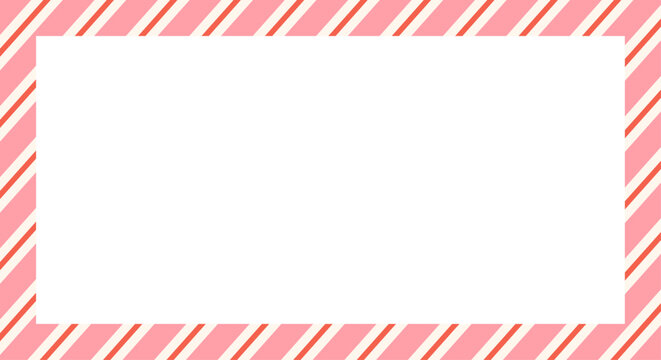 Pink candy cane Christmas frame with blank space. Xmas striped border. Winter holiday background. Lollipop diagonal lines print. Festive peppermint candycane. Seasonal decoration. Vector illustration