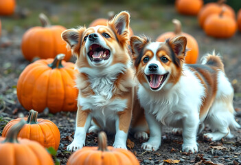 Fototapeta premium Two playful corgi dogs with pumpkins outdoors