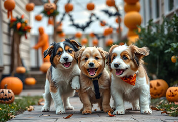 Fototapeta premium Three playful puppies outdoors with Halloween decorations