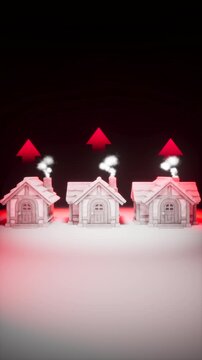 Miniature Stylized Houses with Glowing Red Arrows Pointing Up