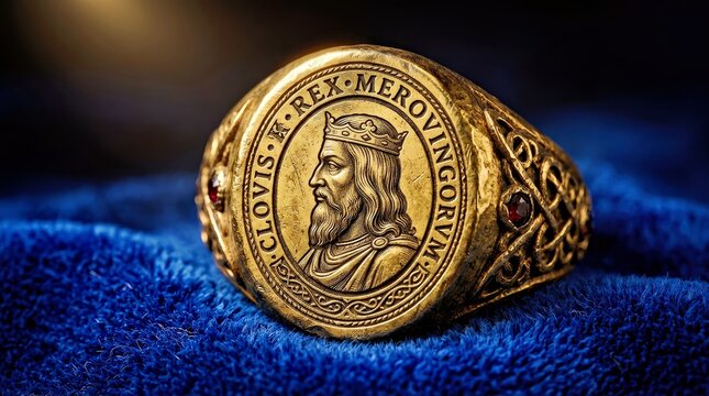 Antique Gold Ring With Clovis Rex Merovingian Profile Engraving on Dark Blue Velvet