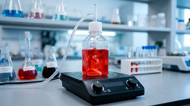 Close-up of a reagent bottle with red liquid on a magnetic stirrer in a laboratory