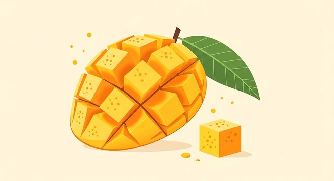Fresh ripe mango fruit cut into cubes with a green leaf and small pieces in a flat colorful vector illustration style
