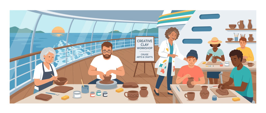People attend pottery class on a cruise ship deck with ocean view
